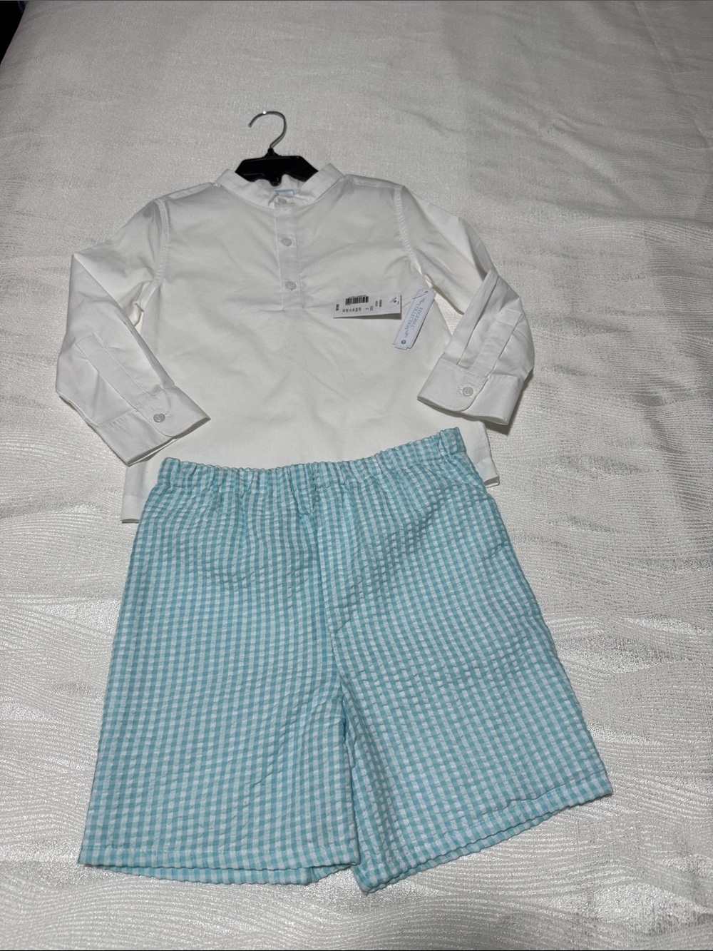 Edgehill Collection White Henley Top with Light Blue Gingham Shorts .kids size 6